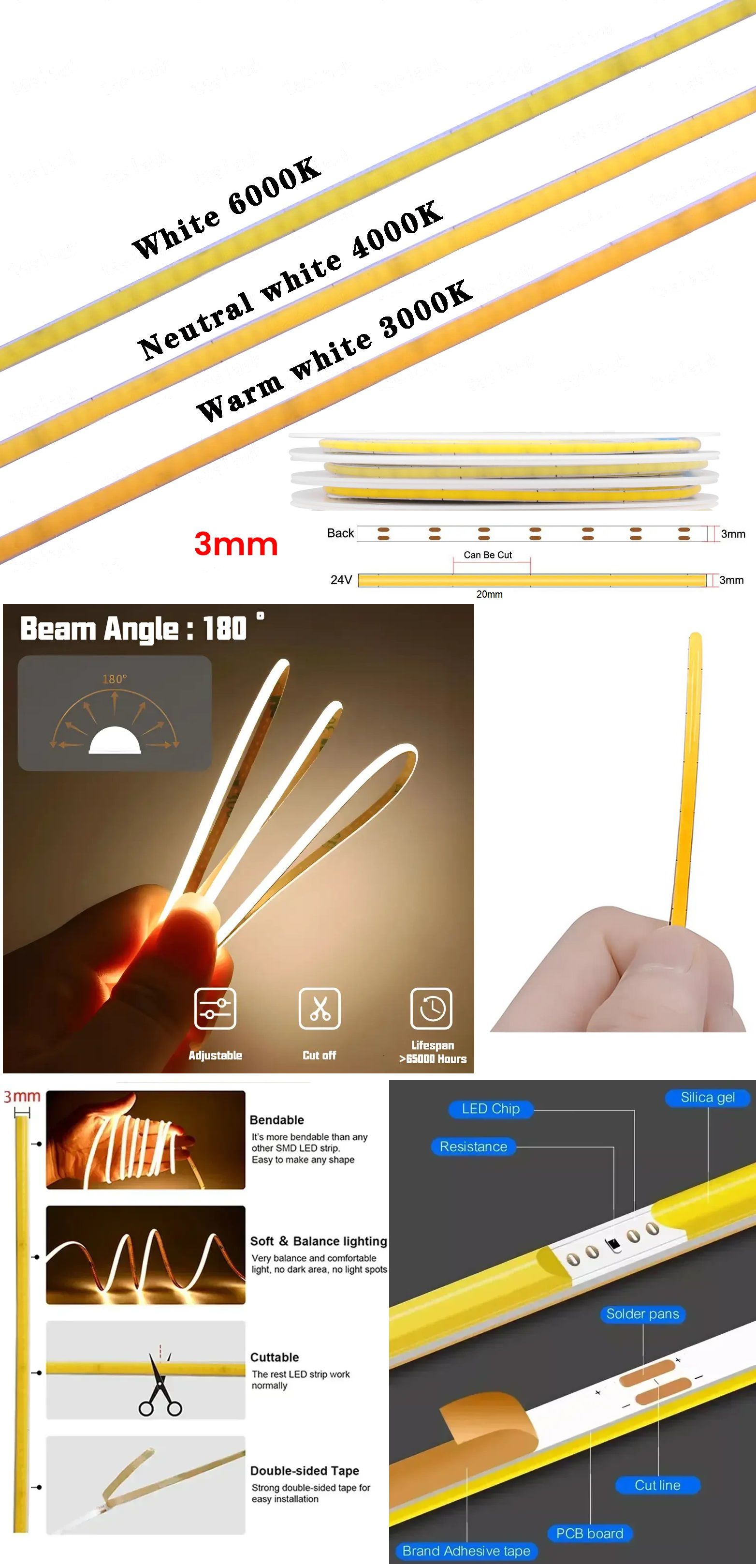 Tiras de Led Neon Cob de 3mm 384 Led